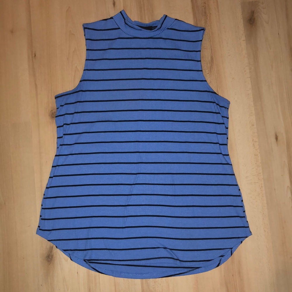 Blue Striped Turtleneck Tank Top